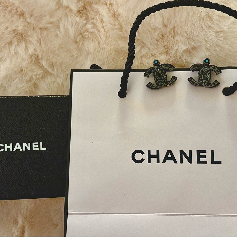 CHANEL Blue Crystal Logo Earrings - Authentic- with Box/Bag - Picture 11 of 13
